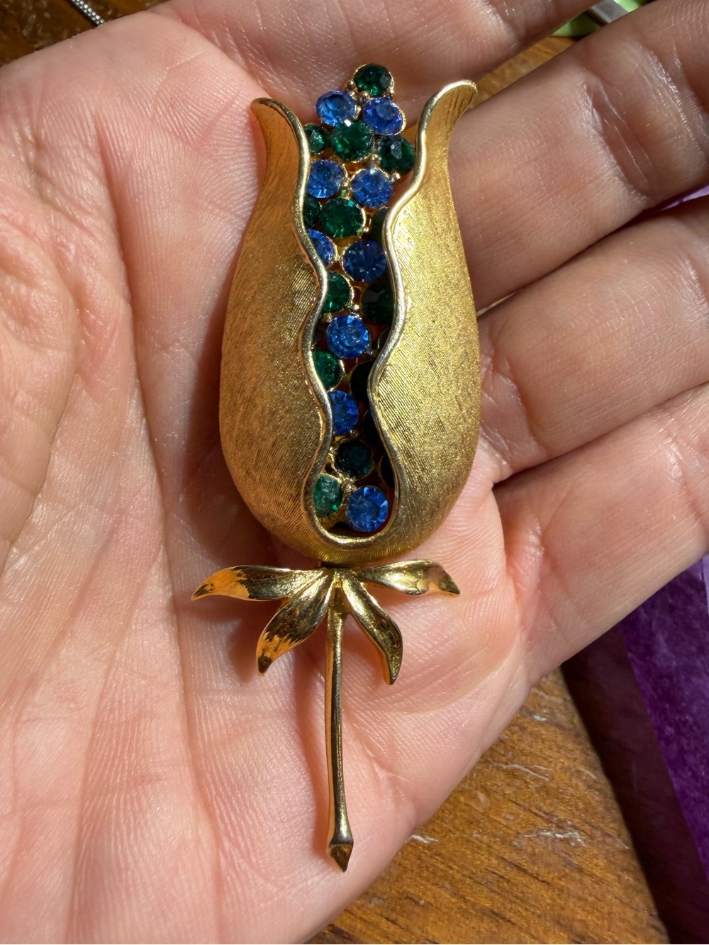 Vintage 1940’s Gold Tone Corocraft Blue Rhinestone Tulip Brooch